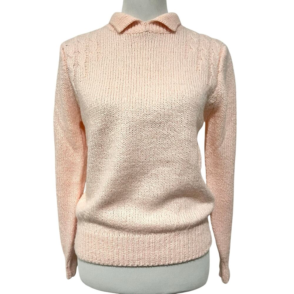 Vintage 80s 90s Pink Sweater Collared Pullover Pleated Shoulders Womens Medium